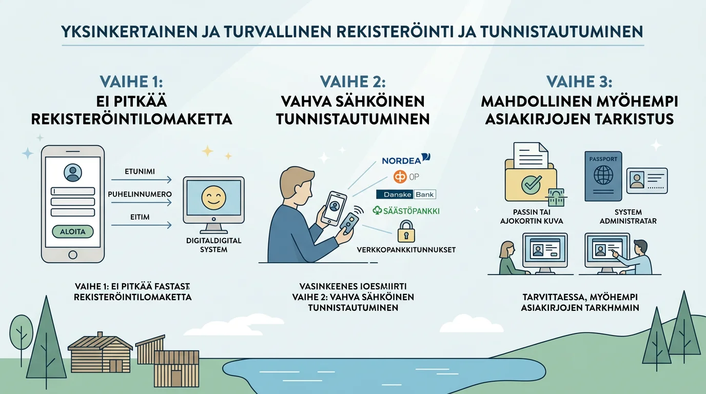 Kolme erillistä vaihetta: lomake, tunnistautuminen ja asiakirjojen tarkistus